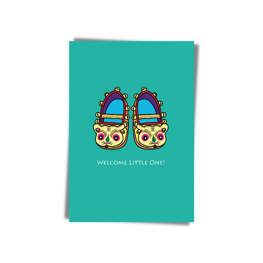 GREETING CARD: WELCOME LITTLE ONE - Tiger Slippers (two colours)