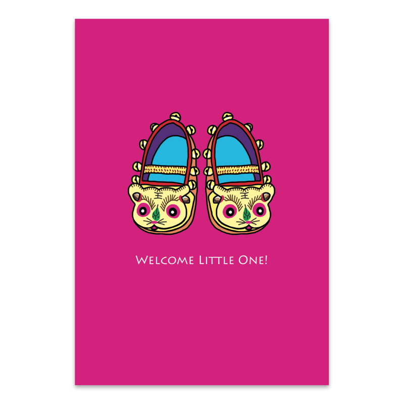 GREETING CARD: WELCOME LITTLE ONE - Tiger Slippers (two colours)