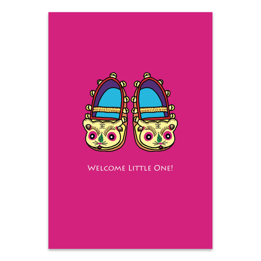 GREETING CARD: WELCOME LITTLE ONE - Tiger Slippers (two colours)